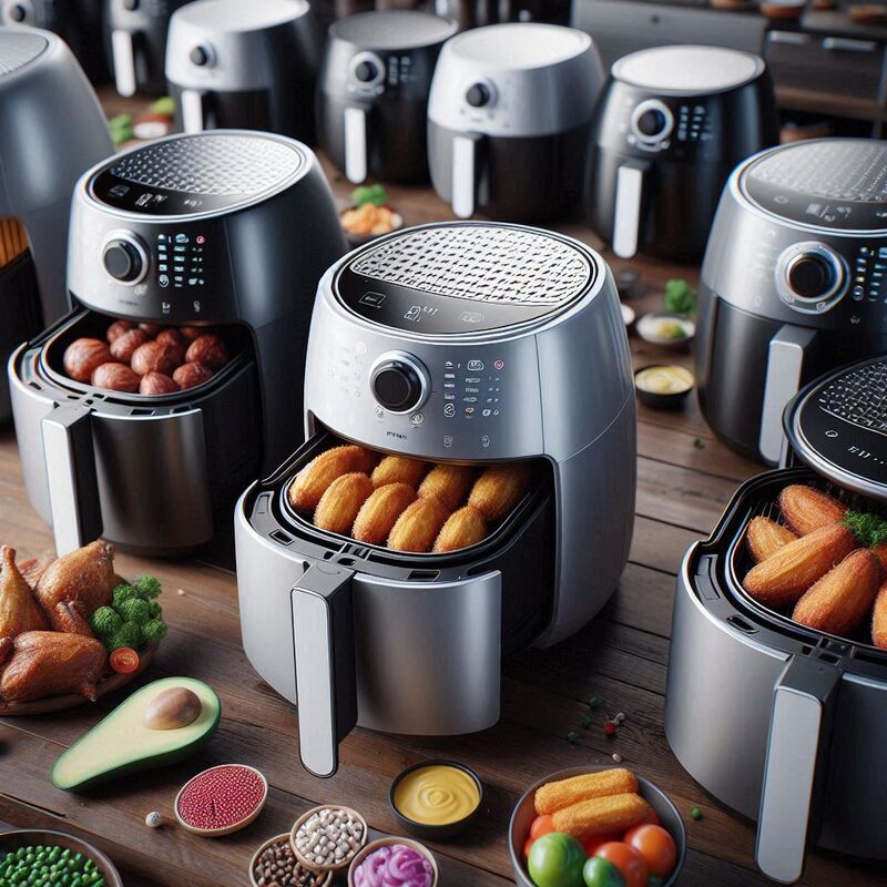 Two modern air fryers on a light kitchen countertop surrounded by crispy air-fried chicken, golden french fries, grilled salmon with lemon, and a pepperoni pizza